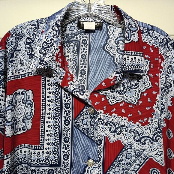 Vintage Susan Graver Button Up Blouse 2XL Red Blue Paisley Patriotic 4th of July - Picture 3 of 7